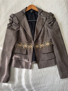bebe Brown Pinstripe Blazer with Embroidered Waist Detail